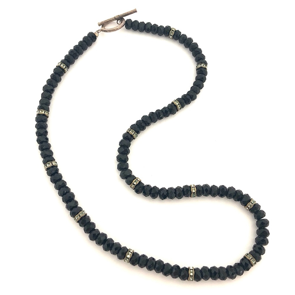 Vintage Black Glass Necklace Rhinestone Rondelle - Picture 2 of 7